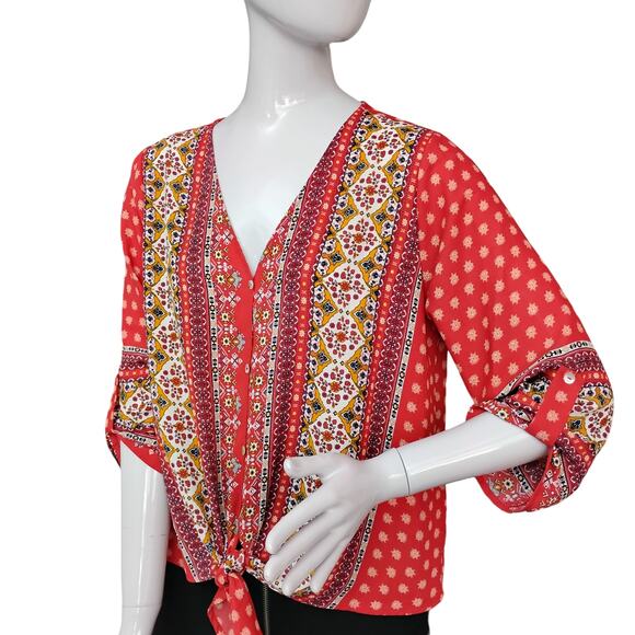 West Kei Tops - West Kei Talina Boho Top Size Small Moroccan Print Ties at the Waist